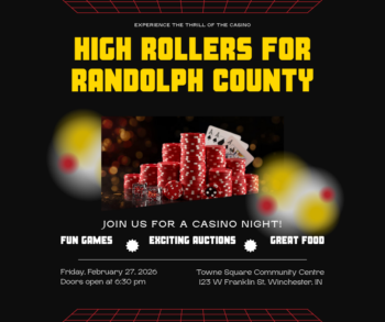 Image of casino chips and playing cards with information on High Rollers for Randolph County Casino Night on February 27, 2026.