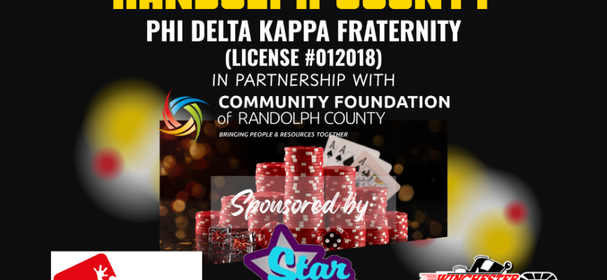 Image of casino chips with text "High Rollers for Randolph County" and logos of sponsors LEAP Managed IT, Star 98.3, and Winchester Speedway.