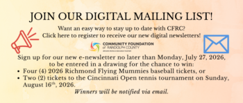 Image with text about joining a new mailing list for an e-newsletter. Those who click and register by July 27, 2026, can be entered into a drawing for prizes.